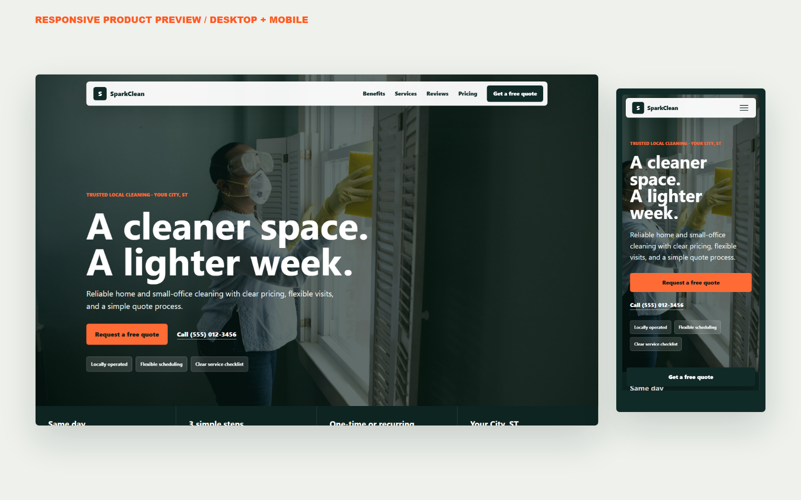 SparkClean Cleaning Service Landing Page Kit desktop and mobile preview