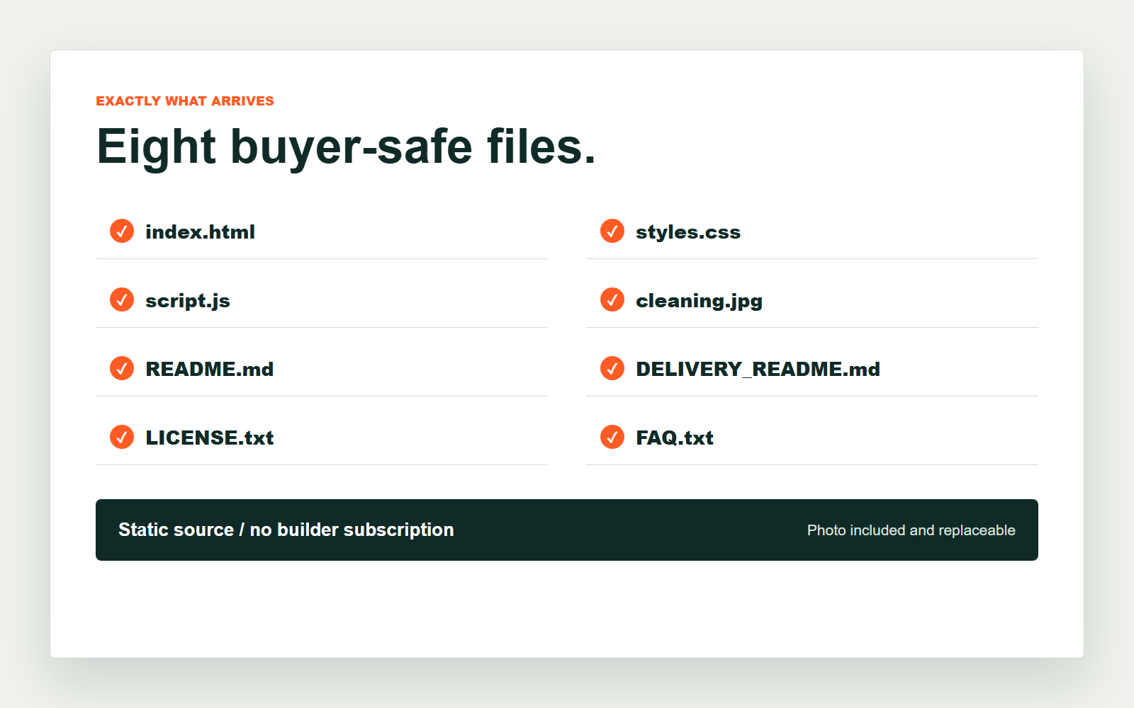 Files included with SparkClean Cleaning Service Landing Page Kit